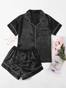LuxeNights Plus Contrast Piping Satin Pajama Set - Black - View 5
