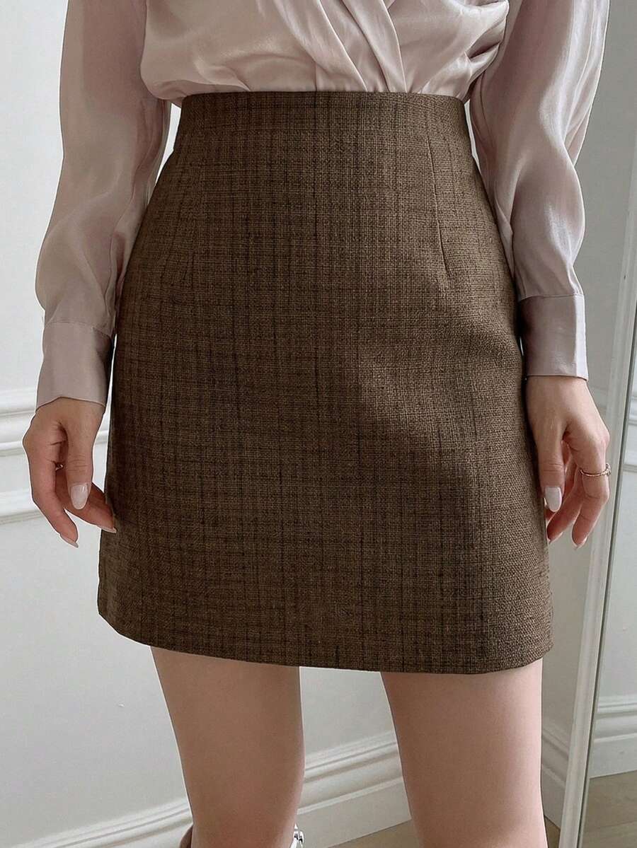 DAZY 女士纯色简约休闲半身裙 - 棕色 - 查看 1