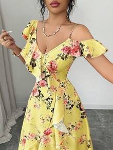 Elenzga Đầm maxi dài màu hồng, phong cách cổ điển lãng mạn mùa xuân/hè dành cho nữ, thích hợp cho kỳ nghỉ biển, tụ họp hàng ngày, hẹn hò, dự tiệc. Thiết kế họa tiết hoa, cổ áo xéo, vạt áo xếp ly không đều. - Màu vàng - Xem 4