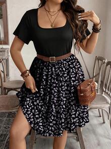 SHEIN LUNE Plus Size Summer Patchwork Ditsy Floral Dress, Suitable For Vacation Outfit - Multicolor - View 6