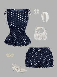 MOD Conjunto de 2 piezas de top y shorts con estampado de lunares, moda casual para mujer - Azul marino - Ver 11