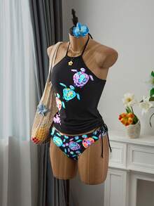 Swim Lushoire 夏季沙灘女士卡通海龜印花假期側拉繩領帶式上衣和三角褲排插泳裝套裝 - 彩色 - 查看 4