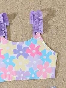 SHEIN Bộ bikini in hoa cho bé gái, có dây đeo vai và viền bèo nhún, bộ đồ bơi 2 mảnh, thích hợp cho bơi lội, kỳ nghỉ hè, bãi biển, hồ bơi, tiệc tùng. Bộ đồ bơi hoa cho bé gái, bộ bikini cho bé gái, đồ bơi cho bé gái, đồ bơi cho bé gái. - Màu tím - Xem 3