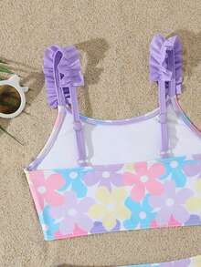 SHEIN Bộ bikini in hoa cho bé gái, có dây đeo vai và viền bèo nhún, bộ đồ bơi 2 mảnh, thích hợp cho bơi lội, kỳ nghỉ hè, bãi biển, hồ bơi, tiệc tùng. Bộ đồ bơi hoa cho bé gái, bộ bikini cho bé gái, đồ bơi cho bé gái, đồ bơi cho bé gái. - Màu tím - Xem 5