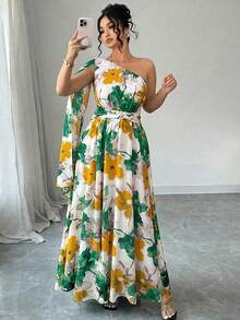 Elenzga Đầm maxi cỡ lớn không tay, dáng bất đối xứng, thắt eo, vạt không đều và họa tiết hoa nhuộm tie-dye, thanh lịch và sang trọng cho kỳ nghỉ xuân/hè. - màu xanh lá - Xem 6