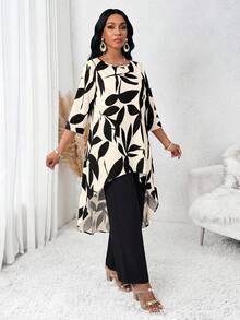 SHEIN Lady 女士春秋季休闲度假风印花不对称下摆长款上衣和直筒裤两件套 - 彩色 - 查看 5