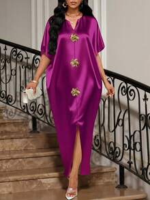 SHEIN Lady 四季皆宜的节日礼服/婚礼宾客/礼服/舞会礼服/金色/晚宴礼服/金色女士缎面提花前开衩连衣裙，休闲派对优雅 - 中紫紅色 - 查看 7