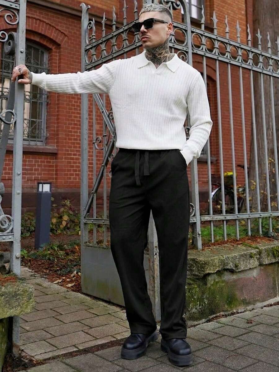 Artur Kramer ALTZTAR 男士宽松修身长袖条纹针织 Polo 衫，简约时尚，适合春秋季日常通勤穿着。 - 白色 - 查看 1