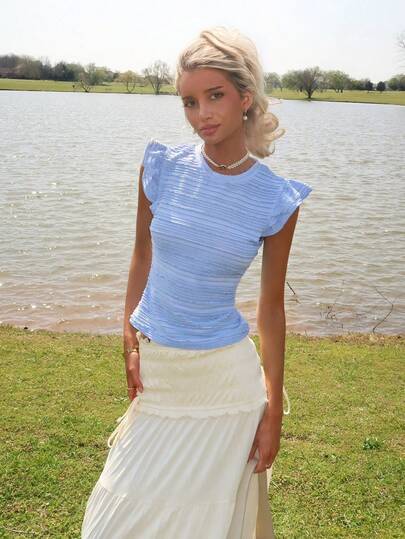 Sydney Algeri Casual Vacation, Western Beach, Wedding Guest, Graduation, Brunch, St. Patrick's Day, Spring Break, Easter, Music Festival Elegant Boho Tropical Floral Print Ruffle Sleeve T-Shirt Camisole Top, Spring/Summer