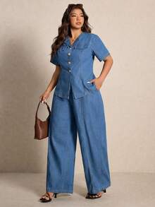 Elaquor Setelan Denim Biru Tua Kasual Musim Panas Ukuran Plus untuk Wanita, Atasan Lengan Pendek dengan Detail Kancing Depan dan Celana Panjang untuk Sehari-hari, Setelan Jeans Serbaguna - Biru - View 6