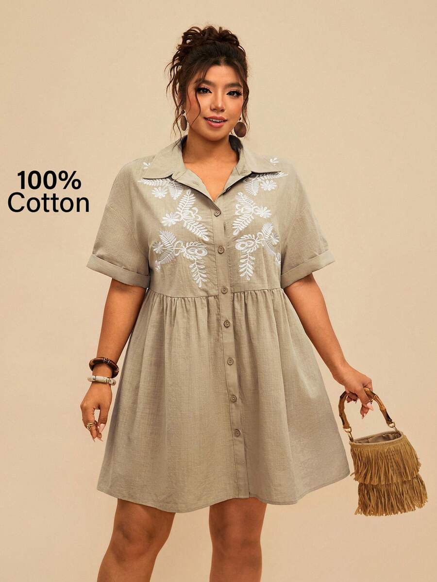Travachic 大码女式开襟刺绣短袖宽松连衣裙,100%纯棉,卡其色/杏色,优雅休闲,春夏度假连衣裙,大码服装 - 卡其色 - 查看 1