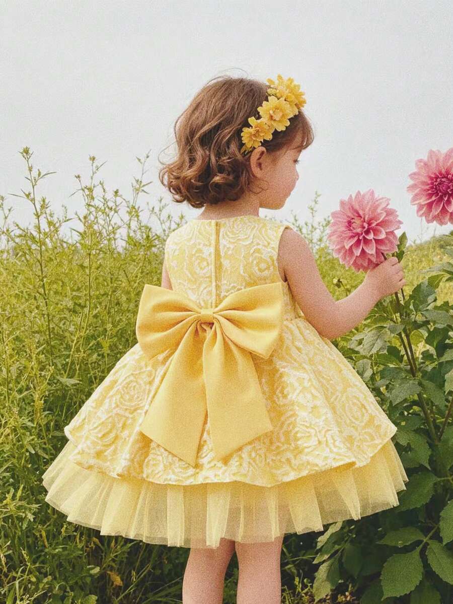 Glamorique Kids 女婴黄色提花面料连衣裙，拖尾裙摆，后背蝴蝶结装饰，适合生日派对、婚礼宾客、节日等场合，女婴公主裙，女婴派对连衣裙，女婴薄纱连衣裙，小女孩连衣裙，黄色婴儿连衣裙