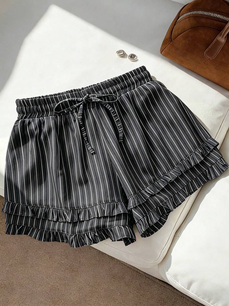 GlowEve Women's Casual Striped Print Drawstring Shorts, Summer - Black - View 1