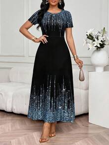 SHEIN Lady 女士亮面印花圆领短袖优雅连衣裙 - 彩色 - 查看 6