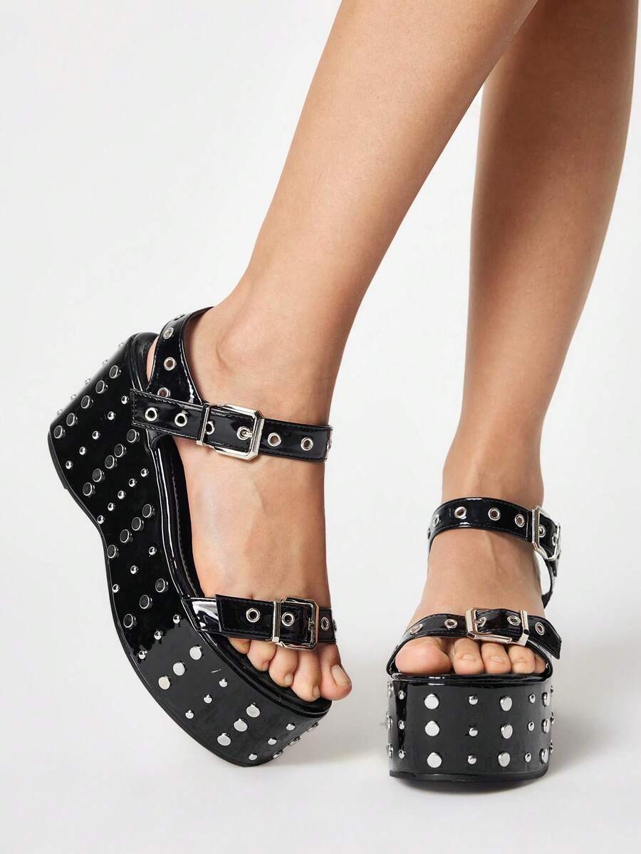 ROMWE Grunge Punk Ladies, Spike Buckles, Lame-Heeled Platform Sandals. 2000s Style - Black - View 1