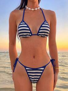 Swim Mod 女款藍白條紋鉤編2件式比基尼套裝，掛脖三角上衣與綁帶側邊泳褲，夏季休閒泳池派對度假泳裝 - 藍白色 - 查看 1