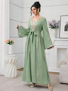 SHEIN Najma Đầm cocktail dài tay màu đỏ rượu vang, cổ thêu, xếp ly, thích hợp dự tiệc. - màu xanh lá - Xem 7