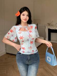 Modelyn Áo thun tay ngắn màu xanh nhạt in họa tiết lưới, thắt eo, khoét lỗ, thích hợp cho kỳ nghỉ hè. - Màu xanh nhạt - Xem 4