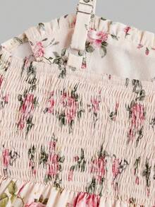 SHEIN 少女休闲优雅法式碎花荷叶边系腰连衣裙，适合春季外出、日常穿着、下午茶、母女装 - 杏色 - 查看 8