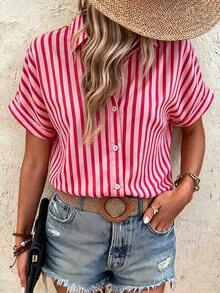 Calvaya 女士加大码撞色V领衬衫 - 条纹印花，休闲夏季上衣，轻盈透气面料，休闲百搭 - 彩色 - 查看 3