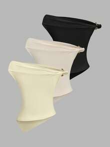 Sweetra 女士夏季欧美时尚纯色三件套，金属装饰扭结下摆不对称下摆修身休闲通勤百搭T恤 - 彩色 - 查看 2