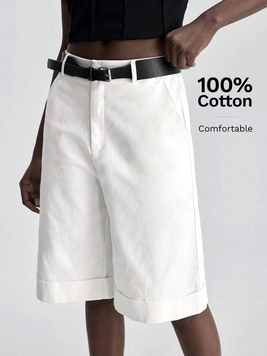 Ontre Calça reta de perna alta em bege confortável e macia de tecido lavado para mulheres, com bolsos laterais, incluindo um elegante cinto preto, adequada para uso em negócios, casual, escritório, transporte urbano, aeroporto de alta qualidade, cruzeiro de luxo minimalista, shorts versáteis essenciais para as quatro estações - Branco - Visão 1