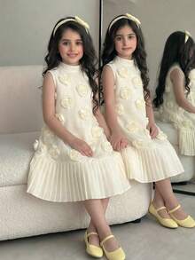 SHEIN Vestido sin mangas elegante y lujoso con tela con flores 3D para niña preadolescente - Albaricoque - Ver 8