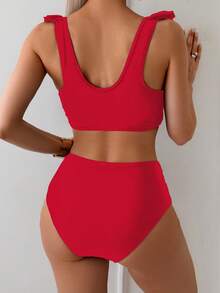 Swim Basics 2-Piece Women Summer Beach Holiday Solid Color Ruffle Strap Pleated Crop Top And High Waisted Ruched Bikini Bottoms - Red - View 2