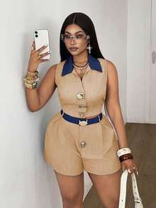 Maweii Plus Size Contrast Color Button Front Sleeveless Top And Shorts Casual 2 Pieces Set - Coral Orange - View 7