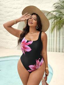 Swim Vcay Baju Renang Terusan Motif Bunga Ukuran Besar untuk Pantai & Resor - Hitam - View 5