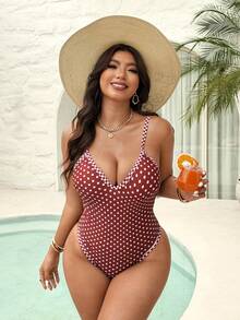 Swim Mod Maillot de bain une pièce à bretelles fines et dos nu avec imprimé pois, taille grande - Tabac - Voir 4
