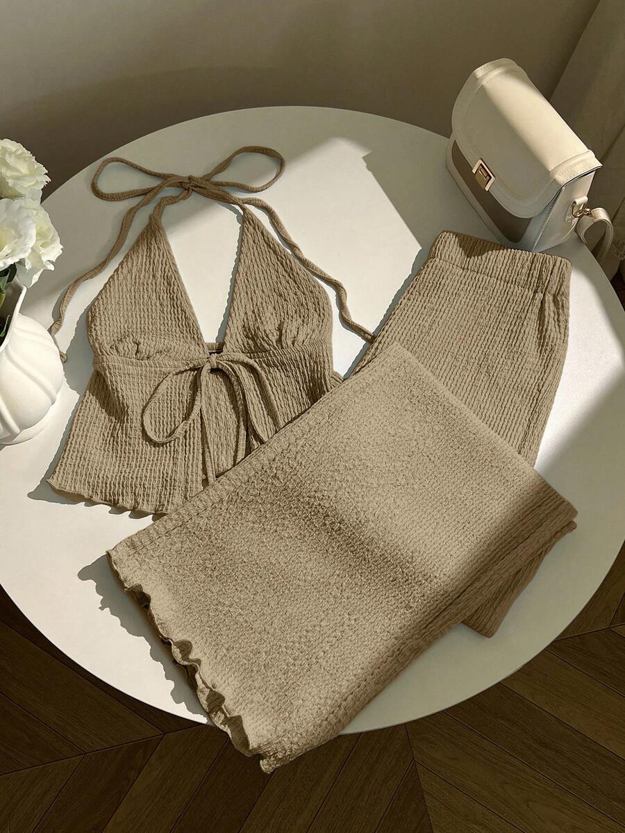 Elamini Textured Fabric Pleated Halter Loose Wide Leg Pants Set Brown Bralette Top Beach - Brown - View 1
