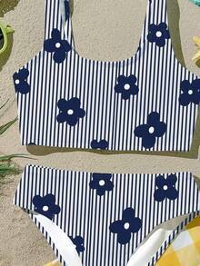 SHEIN Bộ bikini kẻ sọc và họa tiết hoa cho bé gái, thích hợp cho kỳ nghỉ hè ở bãi biển. - Nhiều màu - Xem 6