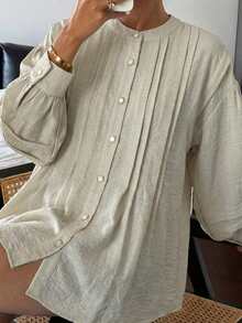 Women's Loose Fit Pleated Round Neck Yellow Blouse - Light Grey - View 5