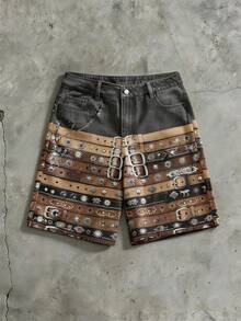 ROMWE MEN Street Life Men's Digital Print Faux Leather Denim Shorts - Multicolor - View 10