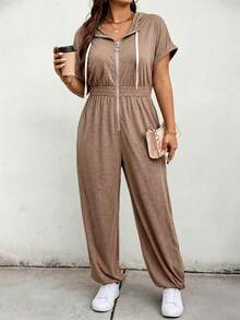 Calvaya Plus Size Short Sleeve V-Neck Textured Front Zipper Waist Drawstring Hooded Jumpsuit, Casual Commuter Wear - Coffee Brown - View 4
