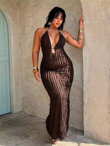Rustia Women's New Summer Solid Color Sexy Deep V-Neck Maxi Bodycon Dress, Textured Fabric, Amber Pearl Decor, Suitable For Beach Vacation - Brown - View 6
