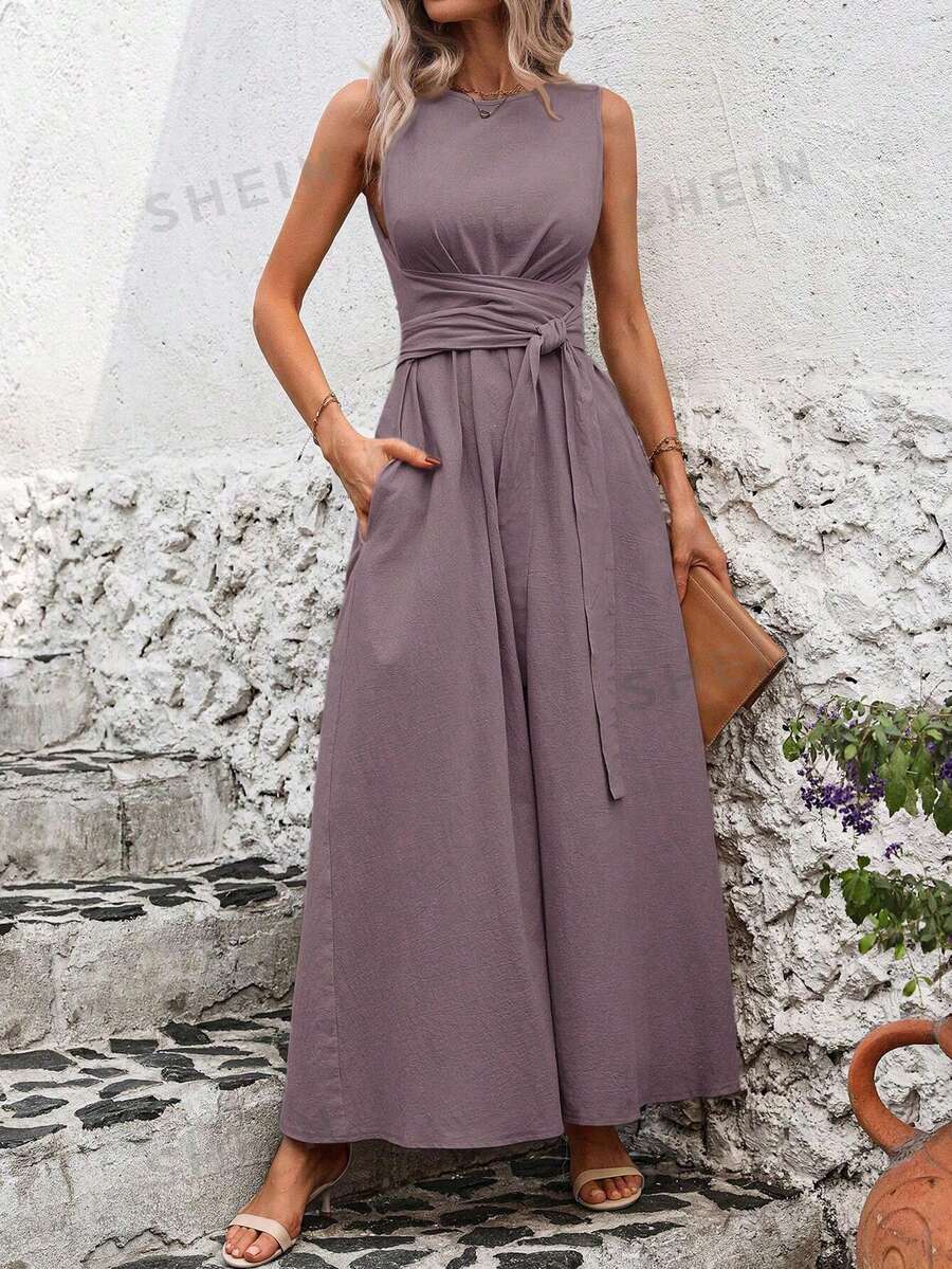 SHEIN Clasi Women Solid Color Crew Neck Sleeveless Waisted Pocketed Casual Dress,Summer Dresses For Women - Purple - View 1