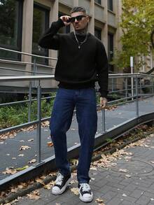 Artur Kramer ANDREILEE Men's Casual Pullover Sweater, Streetwear Style, Solid Color, Long Sleeve, Round Neck, Loose Fit, Short Length, Lightweight, Polyester, Suitable For Spring, Autumn And Winter - Black - View 6