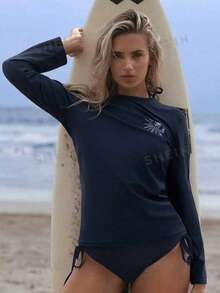 Swim SPRTY Women's Palm Tree Print Long Sleeve Casual Rash Guard - Navy Blue - View 3