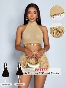 SOLERSUN Bộ trang phục nghỉ hè dành cho nữ này gồm một chiếc váy ngắn không tay, hở lưng, đính sequin và được dệt kim, bao gồm áo cổ yếm và chân váy ngắn xẻ tà, tua rua, được trang trí bằng các họa tiết sequin. Hoàn hảo cho những kỳ nghỉ hè ở bãi biển và những giây phút vui vẻ bên hồ bơi. - Cà phê nâu - Xem 1