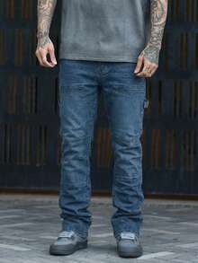 Devon Thys Men's Washed Solid Black & Grey Elastic Patchwork Slim Fit Flared High Street Korean Style Jeans - Blue - View 5