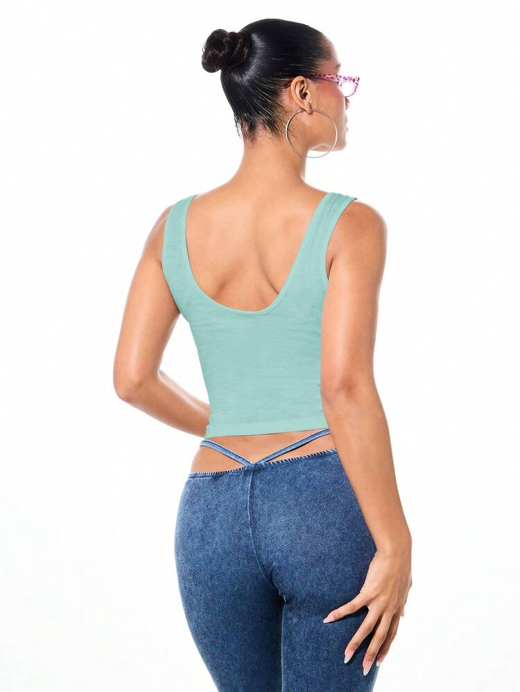 BABYPHAT Sage Green Scoop Neck Tank Top With Glitter Text Print Casual Summer Fashion Top