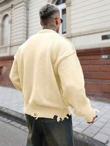 Artur Kramer ANDREILEE 秋冬男女通用街头风极简长袖圆领套头毛衣，宽松舒适针织上衣，饰有流苏和做旧细节 - 杏色 - 查看 2