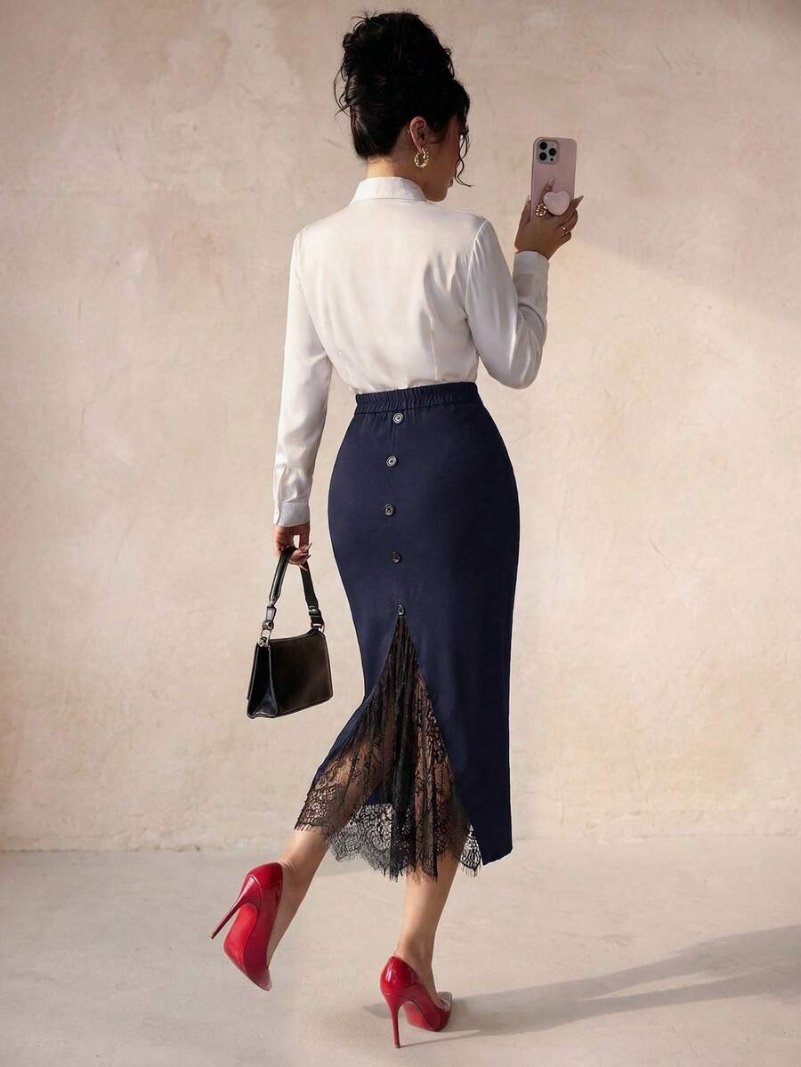 Elenzga Plus Size Women's Spring/Summer Button Decor Split Lace Patchwork Casual Midi Skirt - Navy Blue - View 1