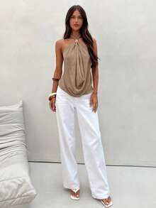 Aloruh Women's Backless Halter Neck Top,Beige Khaki Metal Buckle Summer Casual Holiday Vacation,Solid Color Sleeveless Top For Women New Year's Eve - Khaki - View 3