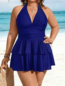 Swim Lushoire Plus Size Solid Color V-Neck Ruched Multi-Layer Ruffle Hem Fashionable Vacation Style Women's Two Pieces Swimsuit - Blue - View 5