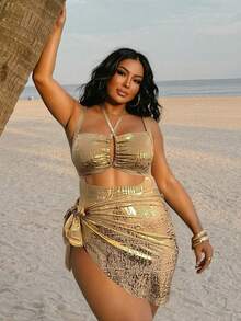 Swim SXY Plus Size Women 1-Piece Leopard Print Full Coverage Random Pattern Sexy Swimsuit - Gold - View 4