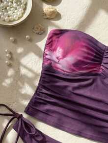 Sweetra 2pcs/Set Women's Floral Print Spaghetti Strap Bikini Top And Bottoms Purple Bathing Suit Women Strapless Tankini Swimwear Tube Top Swim Suit Bandeau Swim Suit Purple Bikini Set Beach Outfits, Beach Date Outfits, Music Festival Outfits, Party Outfits, Beach Party Outfits, Fashionable, Sexy, And Elegant Style - Multicolor - View 3