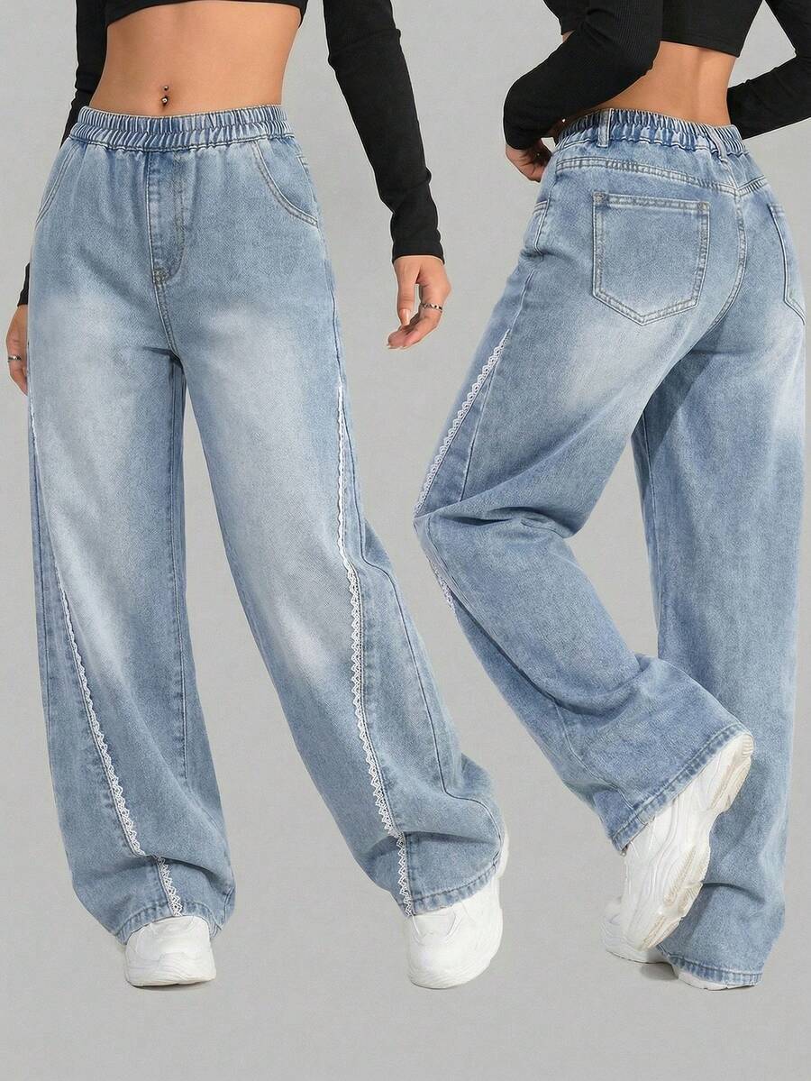 SHEIN Tween Girl Blue And White Striped Summer Streetwear School Back-To-School Soft Washed Versatile Loose Elastic Waist Floral Lace Patchwork Denim Jeans - Medium Wash - View 1